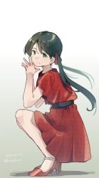 Rule 34 | 1girl, belt, black hair, commentary request, dress, full body, green eyes, high heels, highres, kantai collection, long hair, mikuma (kancolle), official alternate costume, one-hour drawing challenge, red dress, red footwear, solo, squatting, steepled fingers, twintails, u yuz xx