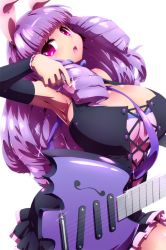 Rule 34 | 10s, 1girl, animal ears, armpits, between breasts, breasts, chuchu (show by rock!!), detached sleeves, dress, electric guitar, guitar, huge breasts, instrument, lace-up top, long hair, pink eyes, plectrum, purple hair, rabbit ears, ringlets, show by rock!!, simple background, solo, strap between breasts, tokyo (great akuta)