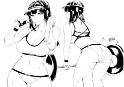 Rule 34 | 1girl, ass, back, barbell, bare shoulders, black hair, bottle, breasts, cleavage, exercising, greyscale, highres, holding, holding towel, large breasts, long hair, looking at viewer, lynus, monochrome, muscular, muscular female, naoko (lynus), navel, original, sidelocks, sports bra, sweat, thighs, toned, towel, visor cap, water bottle, weightlifting, weights
