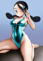 Rule 34 | 1girl, absurdres, bare shoulders, black hair, blush, breasts, bzurrf, candice (pokemon), cleavage, creatures (company), game freak, highleg, highleg swimsuit, highres, long hair, looking at viewer, medium breasts, multi-tied hair, nintendo, one-piece swimsuit, one eye closed, pokemon, pokemon dppt, sleeveless, swimsuit, v, wink