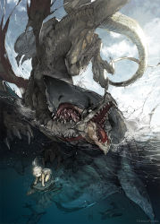Rule 34 | 1girl, arm support, artist name, blonde hair, blue eyes, claws, cloud, commentary request, day, demizu posuka, dolphin, dragon, kneeling, long hair, looking to the side, monster, ocean, on animal, open mouth, original, outdoors, sharp teeth, spikes, splashing, swimming, teeth, tongue, turtle, water, water drop