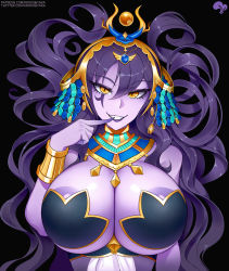 Rule 34 | 1girl, areola slip, black background, breasts, colored skin, commentary, english commentary, finger to mouth, grin, hair between eyes, hair spread out, highres, huge breasts, indie virtual youtuber, jewelry, krokobyaka, large areolae, looking at viewer, parted lips, pasties, purple hair, purple lips, purple skin, simple background, smile, solo, teeth, upper body, usekh collar, vexoria the sun eater, virtual youtuber, yellow eyes