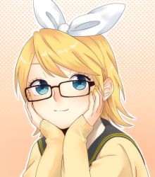 Rule 34 | 1girl, bespectacled, blonde hair, blue eyes, glasses, hair ribbon, halftone, halftone background, hands on own cheeks, hands on own face, kagamine rin, light smile, looking at viewer, mogggggge, nail polish, outline, ribbon, short hair, smile, solo, upper body, vocaloid