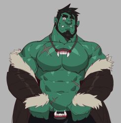 Rule 34 | 1boy, abs, absurdres, bara, bare pectorals, beard, cheschirebacon, colored skin, cowboy shot, facial hair, forked eyebrows, full beard, green skin, haul (cheschirebacon), highres, jewelry, large pectorals, looking at viewer, male focus, mature male, monster boy, muscular, muscular male, navel, necklace, nipples, off shoulder, one eye closed, orc, original, pectorals, pointy ears, scar, scar across eye, short hair, solo, thick beard, thick eyebrows, tooth necklace, tusks