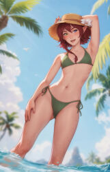 1girl :d arm_behind_head arm_up armpits artist_name bikini blue_eyes blue_sky blurry blurry_background body_freckles braid cloud collarbone commentary day feet_out_of_frame flat_chest flower freckles friya_(lunetax) gluteal_fold green_bikini green_eyes hair_between_eyes hand_on_own_thigh hat hat_flower heterochromia highres long_pointy_ears navel open_mouth original outdoors palm_tree personal_ami pointy_ears red_hair short_hair_with_long_locks side-tie_bikini_bottom side_braid signature single_braid sky smile solo stomach straw_hat swimsuit tree wading water