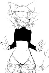 Rule 34 | 1girl, :&lt;, animal ears, blush, cat ears, closed mouth, clothes pull, crop top, double v, flying sweatdrops, glasses, greyscale, hibi (dustbinrat), highleg, highleg panties, jaggy lines, long sleeves, looking at viewer, midriff, monochrome, navel, oekaki, original, panties, pants, pants pull, sanpaku, short hair, simple background, sketch, solo, straight-on, sweat, tail, underwear, v, white background
