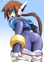 Rule 34 | 1girl, absurdres, aile (mega man zx), ass, bodysuit, brown hair, capcom, green eyes, highres, long hair, looking back, mega man (series), mega man zx, mega man zx advent, open mouth, pantylines, ponytail, shoutaro saito, skin tight, solo, very long hair