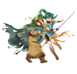 Rule 34 | 1boy, 1girl, aged down, book, brown footwear, cloak, covering face, damaged, fire, fire emblem, fire emblem: the blazing blade, fire emblem heroes, green eyes, green hair, green hood, holding, holding book, holding sword, holding weapon, hood, hooded cloak, jewelry, long hair, lyn (fire emblem), mark (fire emblem: the blazing blade), necklace, nintendo, no eyes, pelvic curtain, ponytail, sword, torn cloak, torn clothes, weapon, white background