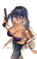 Rule 34 | 1girl, :d, absurdres, black bra, black hair, black pants, blue eyes, blue ribbon, blush, bra, breasts, cleavage, collarbone, denim, earrings, grin, gun, highres, holding, holding gun, holding weapon, hololive, hololive english, index finger raised, jacket, jeans, jewelry, large breasts, lingerie, long sleeves, looking back, open clothes, open jacket, open mouth, ouro kronii, pants, parted lips, ribbon, ribbon earrings, santafe99, short hair, simple background, smile, solo, strap gap, trigger discipline, twitter username, underwear, virtual youtuber, weapon, white background, white jacket
