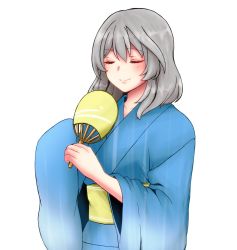 Rule 34 | 1girl, assault lily, blue kimono, closed eyes, closed mouth, collarbone, commentary request, grey hair, hair between eyes, hand fan, hands up, hata matsuri, highres, holding, holding fan, japanese clothes, kimono, light blush, long sleeves, medium hair, obi, paper fan, sash, simple background, sleeves past fingers, sleeves past wrists, smile, solo, standing, tora (yoaq151bibozrrb), uchiwa, upper body, white background, wide sleeves, yukata
