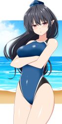 Rule 34 | 1girl, beach, black hair, blue hat, blue one-piece swimsuit, blush, breasts, brown eyes, commentary request, commission, competition swimsuit, crossed arms, half-closed eyes, hat, highres, horizon, iizunamaru megumu, large breasts, long hair, looking at viewer, one-piece swimsuit, outdoors, parted lips, pointy ears, rise (rise19851203), second-party source, skeb commission, solo, swimsuit, tokin hat, touhou, tripod