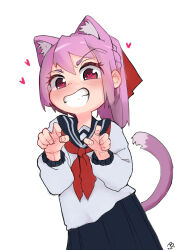 Rule 34 | &gt;:), 1girl, absurdres, animal ear fluff, animal ears, artist logo, blue sailor collar, cat ears, cat girl, cat tail, character request, claw pose, copyright request, grin, hair ribbon, heart, heart-shaped pupils, highres, jean bomjan, necktie, pink eyes, pink hair, pleated skirt, ponytail, red necktie, ribbon, sailor collar, school uniform, serafuku, sidelocks, simple background, skirt, smile, solo, symbol-shaped pupils, tail, teeth, upper body, v-shaped eyebrows, white background