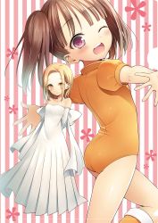 Rule 34 | 10s, 2girls, ;d, aged down, arms behind back, ass, bad id, bad pixiv id, bare shoulders, blonde hair, blush, bodysuit, boots, bow, breasts, brown eyes, brown hair, child, detached sleeves, diane (nanatsu no taizai), dress, elaine, elaine (nanatsu no taizai), eyelashes, eyes visible through hair, flat chest, flower, giant, giantess, happy, knee boots, leotard, light smile, long dress, long hair, looking at viewer, looking back, multiple girls, nanatsu no taizai, one eye closed, open mouth, outstretched arms, pleated dress, puffy sleeves, purple eyes, ribbon trim, short hair, short sleeves, short twintails, size difference, small breasts, smile, spread arms, standing, strapless, strapless dress, striped, striped background, taishou tanaka, twintails, vertical stripes, white dress, yellow eyes