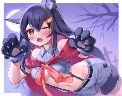 Rule 34 | 1girl, animal ear fluff, animal ears, animal hands, black hair, blouse, blush, breasts, cape, collared shirt, commentary request, crop top, deaver, fang, gloves, grey shirt, hair between eyes, hair ornament, hairclip, highres, hololive, long hair, looking at viewer, medium breasts, moon, multicolored hair, navel, one eye closed, ookami mio, open mouth, paw gloves, red cape, red eyes, red hair, shirt, short shorts, shorts, skin fang, sleeveless, sleeveless shirt, solo, stomach, tail, tail around own leg, tail wrap, virtual youtuber, wolf ears, wolf girl, wolf tail