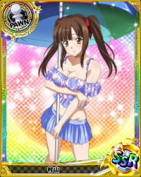 Rule 34 | 10s, 1girl, artist request, breasts, brown hair, card (medium), character name, chess piece, female focus, hair ribbon, high school dxd, large breasts, long hair, murayama (high school dxd), official art, parasol, pawn (chess), ribbon, solo, swimsuit, trading card, twintails, umbrella, yellow eyes