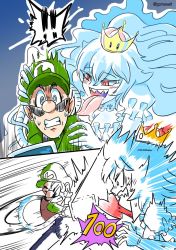 Rule 34 | !, !!, 1boy, 1girl, artist name, behind another, blue eyes, blush, breasts, cleavage, clenched teeth, closed eyes, crown, detached collar, dress, facial hair, flashlight, flat cap, frilled dress, frills, gloves, goma (gomasalt), green hat, green shirt, hair between eyes, hand on another&#039;s hat, hand on another&#039;s head, hand on another&#039;s shoulder, hat, heart, large breasts, licking, licking another&#039;s face, long hair, long sleeves, long tongue, looking at another, luigi, luigi&#039;s mansion, mario (series), mini crown, mustache, nintendo, overalls, personification, poltergust 3000, princess king boo, puffy short sleeves, puffy sleeves, red eyes, saliva, scared, sharp teeth, shirt, short sleeves, smile, spoken exclamation mark, super crown, surprised, sweatdrop, teeth, tongue, tongue out, very long hair, white dress, white gloves, white hair