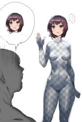 Rule 34 | 1boy, 1girl, ?, arm at side, bodysuit, bow (bhp), breasts, commentary request, fake transparency, hand up, medium breasts, meme, original, purple hair, short hair, simple background, skin tight, spoken question mark, sweatdrop, thought bubble, waving, white background, yellow eyes
