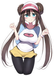 Rule 34 | 1girl, absurdres, black pantyhose, blue eyes, blush, breasts, brown hair, closed mouth, creatures (company), double bun, game freak, hair between eyes, hair bun, highres, ichi-jirushi, large breasts, long hair, long sleeves, looking at viewer, nintendo, pantyhose, pantyhose under shorts, pokemon, pokemon bw2, raglan sleeves, rosa (pokemon), short shorts, shorts, sidelocks, simple background, smile, solo, thighs, twintails, very long hair, visor cap, white background, yellow shorts