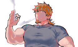 Rule 34 | 1boy, alternate muscle size, bara, biceps, brown hair, cigarette, facial hair, fate/grand order, fate (series), flexing, goatee, hector (fate), highres, holding, holding cigarette, large pectorals, long hair, male focus, mature male, muscular, muscular male, pectorals, ponytail, sanpaku, shirt, smoking, solo, t-shirt, thick eyebrows, tight clothes, tight shirt, upper body, ymbk (ymym oh)