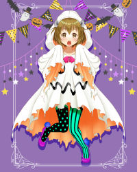 Rule 34 | 1girl, alternate costume, asymmetrical legwear, bad id, bad pixiv id, bat (animal), brown eyes, brown hair, commentary request, ghost, ghost costume, halloween, high heels, highres, jack-o&#039;-lantern, kantai collection, looking at viewer, mismatched legwear, open mouth, revision, sakuharu, short hair, silk, sleeves past wrists, solo, spider web, striped clothes, striped thighhighs, thighhighs, vertical-striped clothes, vertical-striped thighhighs, yukikaze (kancolle)