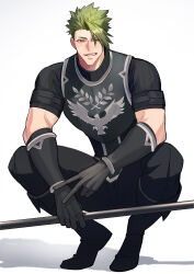 Rule 34 | 1boy, absurdres, achilles (fate), armor, black footwear, black pants, black shirt, brown eyes, fate/apocrypha, fate (series), gauntlets, green hair, haruakira, highres, holding, holding polearm, holding weapon, male focus, muscular, muscular male, pants, polearm, ribbed shirt, shirt, short hair, short sleeves, solo, undercut, v, weapon, white background