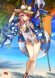 Rule 34 | 10s, 1girl, absurdres, animal ears, bikini, blue bikini, bracelet, breasts, day, ears through headwear, fate/extra, fate/grand order, fate (series), fox ears, fox tail, hat, highres, jewelry, large breasts, long hair, looking at viewer, nature, ocean, official art, parasol, pink hair, resized, sandals, see-through, solo, swimsuit, tail, tamamo (fate), tamamo no mae (fate/extra), tamamo no mae (swimsuit lancer) (fate), tamamo no mae (swimsuit lancer) (second ascension) (fate), umbrella, upscaled, wada arco, waifu2x, wet, wet clothes, yellow eyes