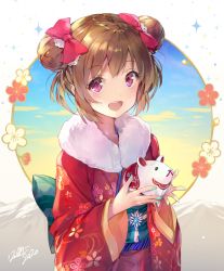 Rule 34 | 1girl, 2020, :d, blue sky, blush, bow, brown hair, cloud, commentary request, deecha, double bun, floral print, flower, fur collar, hair bow, hair bun, hands up, highres, holding, japanese clothes, kimono, long sleeves, looking at viewer, obi, open mouth, original, print kimono, red bow, red eyes, red flower, red kimono, sash, short hair, signature, sky, smile, solo, sparkle, teeth, upper body, upper teeth only, white flower, wide sleeves