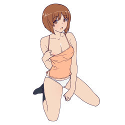 Rule 34 | 1girl, :o, bare arms, bare shoulders, between legs, black socks, blush, breasts, brown eyes, brown hair, cleavage, clothes pull, collarbone, covered erect nipples, full body, girls und panzer, halterneck, hand between legs, highres, kneeling, large breasts, looking at viewer, nipples, nishizumi miho, no bra, one breast out, onsen tamago (hs egg), open mouth, orange shirt, panties, pulled by self, shirt, shirt pull, short hair, simple background, sleeveless, sleeveless shirt, socks, solo, spaghetti strap, underwear, white background, white panties