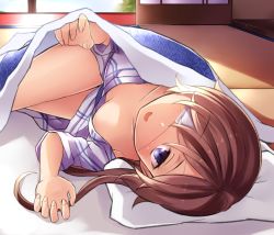 Rule 34 | 1girl, blanket, blush, breasts, brown hair, cleavage, commentary request, downblouse, eyepatch, futon, highres, long hair, looking at viewer, lying, medical eyepatch, neit ni sei, no bra, on side, one eye covered, open mouth, original, pillow, purple eyes, shiny skin, small breasts, smile, solo, tatami, thighs, under covers