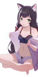 Rule 34 | 1girl, animal ear fluff, animal ears, barefoot, bikini, black bikini, black hair, breasts, cat ears, cat girl, collarbone, commentary, green eyes, highres, hiroki (yyqw7151), karyl (princess connect!), karyl (summer) (princess connect!), long hair, looking at viewer, medium breasts, multicolored hair, navel, open fly, open mouth, princess connect!, simple background, smile, solo, streaked hair, swimsuit, toes, white background, white hair