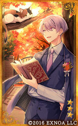 Rule 34 | 1boy, :d, amaichi esora, autumn leaves, blue jacket, blue pants, blue vest, book, boutonniere, brick wall, bungou to alchemist, calico, card (medium), cat, collared shirt, copyright notice, crossed arms, flower, gate, hair between eyes, holding, holding book, jacket, jacket on shoulders, kitahara hakushuu (bungou to alchemist), lapels, long sleeves, looking at animal, lowres, male focus, necktie, notched lapels, official art, open book, open mouth, orange flower, pants, pavement, pink flower, pink necktie, purple eyes, purple hair, shirt, short hair, smile, solo, tree, upper body, vest, white shirt