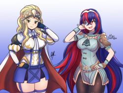 Rule 34 | 2girls, alear (female) (fire emblem), alear (fire emblem), arm behind head, arm up, armor, black neckerchief, blonde hair, blue eyes, blue gloves, blue hair, bow, bowtie, braid, breasts, brown eyes, cape, choker, clair (fire emblem), cosplay, costume switch, crown braid, fay (2gou), fire emblem, fire emblem echoes: shadows of valentia, fire emblem engage, gloves, hand on own hip, heterochromia, highres, lace-trimmed choker, lace trim, long hair, looking at another, looking at viewer, medium breasts, multicolored hair, multiple girls, neckerchief, nintendo, pantyhose, pelvic curtain, ponytail, raydango, red cape, red eyes, red hair, skirt, thick thighs, thigh strap, thighhighs, thighs, tiara, two-tone hair, v-shaped eyebrows, very long hair, watermark, white bow, white bowtie, white cape, wrist guards