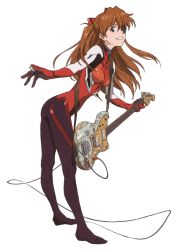 Rule 34 | 1girl, absurdres, ass, blue eyes, bodysuit, breasts, brown hair, evangelion: 3.0 you can (not) redo, eyepatch, full body, guitar, hair ornament, highres, hiramatsu tadashi, holding musical instrument, instrument, leaning forward, legs apart, long hair, looking at viewer, looking back, neon genesis evangelion, official art, plugsuit, rebuild of evangelion, red bodysuit, scan, shiny clothes, simple background, small breasts, smile, solo, souryuu asuka langley, twintails, white background