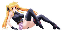 Rule 34 | 00s, 1girl, belt, black gloves, black thighhighs, blonde hair, blush, breasts, covered erect nipples, fate testarossa, fate testarossa (movie 1st form), gloves, hair ribbon, impossible clothes, impossible shirt, large breasts, legs, long hair, long legs, lyrical nanoha, mahou shoujo lyrical nanoha, panties, red eyes, ribbon, shiny clothes, shiny skin, shirt, simple background, solo, thighhighs, thighs, twintails, underwear, white background, zerosu (take out)