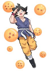 Rule 34 | 1boy, absurdres, black footwear, black hair, dougi, dragon ball (object), dragonball z, full body, gylmyr, highres, looking at viewer, male focus, open mouth, pants, simple background, sleeveless, smile, solo, son goku, spiked hair, teeth, upper teeth only, white background, wristband, yellow pants