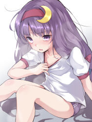 Rule 34 | 1girl, alternate costume, arm support, bare legs, clothes pull, commentary request, feet out of frame, flat chest, gyuunyuukeepaa, highres, knees together feet apart, knees up, light blush, messy hair, no headwear, open mouth, patchouli knowledge, purple eyes, purple hair, shirt pull, simple background, sitting, solo, sweat, touhou, white background