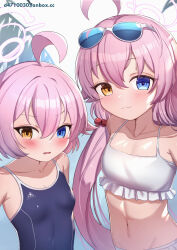 Rule 34 | 2girls, abydos high school swimsuit, ahoge, bikini, black one-piece swimsuit, blue archive, blush, breasts, closed mouth, collarbone, dual persona, eyewear on head, fang, frilled bikini, frills, hair between eyes, hair bobbles, hair ornament, halo, heterochromia, highres, hoshino (blue archive), hoshino (swimsuit) (blue archive), hoshino (young) (blue archive), long hair, looking at viewer, multiple girls, navel, official alternate costume, one-piece swimsuit, open mouth, pink hair, pink halo, school swimsuit, small breasts, smile, sunglasses, swimsuit, uneg, white bikini, yellow eyes
