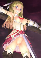 Rule 34 | 1girl, angry, armor, bdsm, blonde hair, bondage, boots, bound, breasts, breasts out, censored, clenched teeth, clothes lift, cross, crucifixion, dress, f-ism, highres, long hair, mosaic censoring, murakami suigun, nipples, no panties, petticoat, pussy, red eyes, skirt, skirt lift, solo, sword, teeth, thigh boots, thighhighs, weapon, white thighhighs