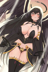Rule 34 | 1girl, :q, armor, bare shoulders, black choker, black gloves, black hair, black panties, black thighhighs, breasts, choker, cleavage, closed mouth, corset, elbow gloves, faulds, feathered wings, gloves, gold trim, halo, highres, key, large breasts, lock, long hair, looking at viewer, multiple wings, naughty face, original, padlock, panties, revealing clothes, smile, solo, standing, thighhighs, thighs, tongue, tongue out, twin (tt lsh), underwear, very long hair, wings, yellow eyes, zipper