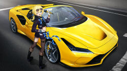 Rule 34 | 1girl, ;d, asymmetrical legwear, blue bow, blue eyes, blue ribbon, boots, bow, car, gloves, hair ornament, highres, holding, holding microphone, looking at viewer, looking back, microphone, midriff, motor vehicle, one eye closed, open mouth, ribbon, shinengumi, single thighhigh, smile, solo, sports car, star (symbol), star hair ornament, sunglasses, suzukaze shitora, thighhighs, tinted eyewear, uneven legwear, virtual youtuber, white gloves, you&#039;a