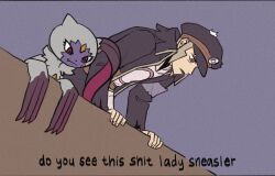 Rule 34 | 1boy, bent over, black coat, black headwear, coat, commentary, creatures (company), do you see this shit? (meme), english text, film grain, game freak, grey eyes, grey hair, hat, high collar, highres, ingo (pokemon), long sideburns, looking down, male focus, meme, nintendo, open mouth, peaked cap, pearl clan outfit, pokemon, pokemon (creature), pokemon legends: arceus, short hair, sideburns, sneasler, submashell, subtitled, torn clothes, torn coat, trench coat