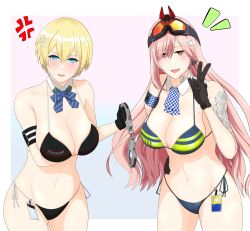 Rule 34 | 2girls, alternate costume, arm behind back, arm tattoo, arm up, artificial eye, ascot, bare shoulders, bikini, black bikini, black gloves, blonde hair, blue bikini, blue bow, blue bowtie, blue eyes, blush, bow, bowtie, breasts, cleavage, collarbone, crossed arms, cuffs, fang, feet out of frame, girls&#039; frontline, gloves, hair ornament, hairclip, handcuffs, highres, holding, holding handcuffs, huge breasts, id card, long hair, looking at viewer, mechanical eye, mole, mole on breast, multiple girls, navel, neck tattoo, open mouth, pink hair, police, police uniform, policewoman, red eyes, short hair, sig mcx (girls&#039; frontline), simple background, smile, snowflake hair ornament, standing, sumi ojie, swimsuit, tattoo, uniform, v, vsk-94 (girls&#039; frontline)