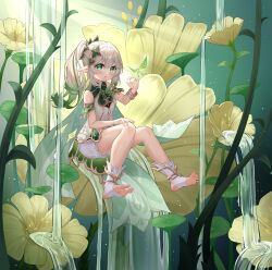 Rule 34 | 1girl, absurdres, ass, bloomers, blurry, bracelet, bug, butterfly, cape, commentary request, depth of field, detached sleeves, feet, flower, forest, full body, genshin impact, gradient hair, hair between eyes, hair ornament, highres, insect, jewelry, legs, long hair, looking at viewer, multicolored hair, nahida (genshin impact), nature, no shoes, parted lips, peach (user vhwx3478), pointy ears, short sleeves, side ponytail, sidelocks, sitting, soles, solo, spread toes, stirrup legwear, symbol-shaped pupils, thighs, toeless legwear, toes, underwear, water, waterfall