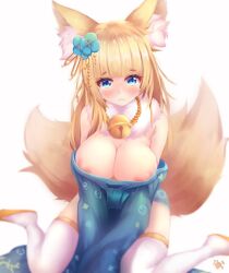 Rule 34 | 1girl, akiyama neo, animal ear fluff, animal ears, areola slip, azur lane, bell, blue kimono, blush, boots, breasts, collarbone, covered erect nipples, embarrassed, flower, fox ears, fox tail, fur collar, hair flower, hair ornament, japanese clothes, jingle bell, kimono, kimono pull, kitsune, long hair, long sleeves, looking at viewer, medium breasts, multiple tails, niizuki (azur lane), simple background, sitting, solo, tail, thick eyebrows, thigh boots, wariza, white background, wide sleeves