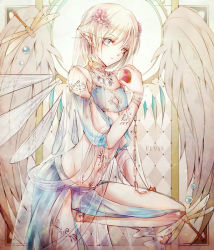 Rule 34 | 1boy, androgynous, anklet, bad id, bad pixiv id, bananaxcs7, blue eyes, bracelet, bug, bulge, chain, choker, crossdressing, dragonfly, elf, feathered wings, flower, hair flower, hair ornament, bug, insect wings, jewelry, long hair, navel, necklace, original, pointy ears, tattoo, trap, wings
