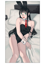 Rule 34 | 1girl, alternate costume, animal ears, aqua eyes, bare legs, bare shoulders, bed, black hair, black leotard, breasts, commentary request, detached collar, fake animal ears, feet out of frame, glasses, highres, kantai collection, leotard, looking at viewer, necktie, ojipon, ooyodo (kancolle), pillow, playboy bunny, red necktie, see-through, see-through strap, semi-rimless eyewear, shoulder strap, sitting, small breasts, smile, solo, strap, wrist cuffs