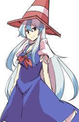 Rule 34 | 1girl, alternate headwear, blue dress, blue hair, breasts, cleavage, closed mouth, commentary, dress, hat, highres, kamishirasawa keine, light blue hair, long hair, looking at viewer, mana (gooney), medium breasts, multicolored hair, object on head, puffy short sleeves, puffy sleeves, red eyes, red ribbon, ribbon, short sleeves, silver hair, simple background, sketch, smile, solo, standing, touhou, traffic cone, two-tone hair, very long hair, white background