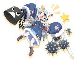 Rule 34 | 1girl, azur lane, binoculars, blush stickers, boots, chain, chang chun (azur lane), commentary request, full body, hair ornament, hairclip, haniwa (leaf garden), hood, hooded jacket, jacket, long sleeves, looking at viewer, open mouth, purple eyes, silver hair, simple background, solo, spike ball, star (symbol), weapon, white background