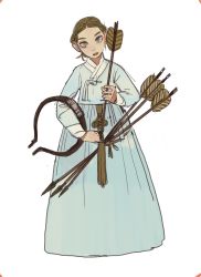 Rule 34 | 1girl, arrow (projectile), blue dress, blue eyes, bow (weapon), brown hair, dress, hanbok, head tilt, heterochromia, highres, holding, holding arrow, korean clothes, long dress, looking at viewer, mossacannibalis, original, parted lips, simple background, solo, standing, tassel, weapon, white background, yellow eyes