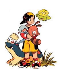 Rule 34 | 1boy, ^ ^, backwards hat, bad id, bad twitter id, baseball cap, brown eyes, closed eyes, closed mouth, commentary request, creatures (company), ethan (pokemon), game freak, gen 2 pokemon, grass, hat, highres, holding, holding pokemon, jacket, knees, long sleeves, looking to the side, male focus, nintendo, panmimi, pokemon, pokemon (creature), pokemon gsc, quilava, red footwear, red jacket, sentret, shoes, shorts, skiploom, smile, standing, togepi, u u, white background, wooper, yellow shorts